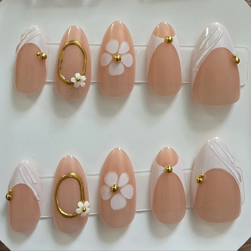 Nude & White 3D Floral Press-On Nails | Gold Frame Accents | Size Medium